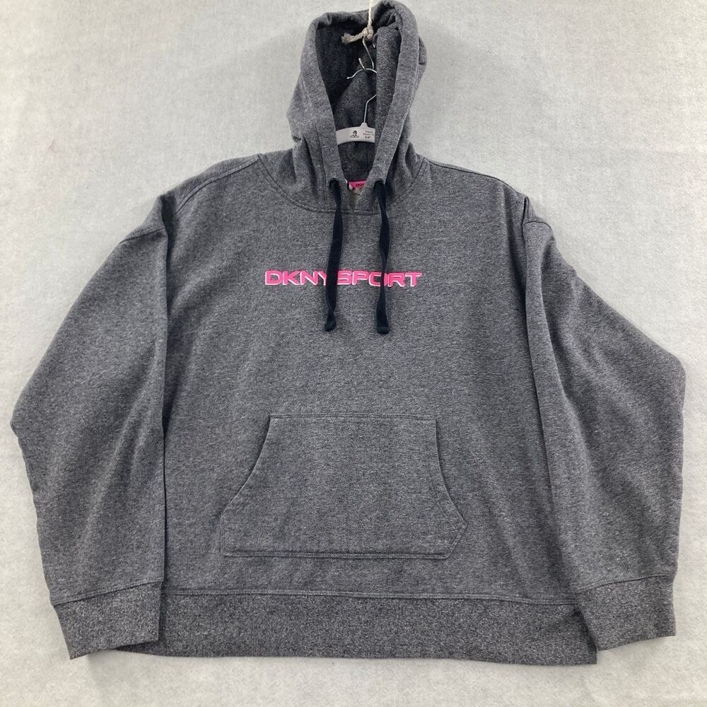 DKNY Sport Women's XL Heather Gray Pink Logo Pullover Hoodie Sweatshirt